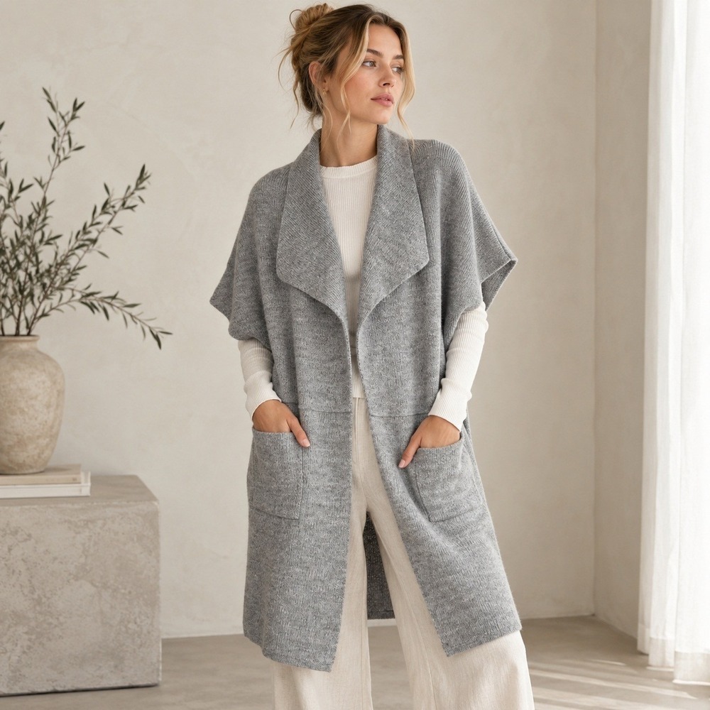 Maison Pholya Italian Wool Alpaca Blend Open Cardigan Vest L Gray Quiet Luxury